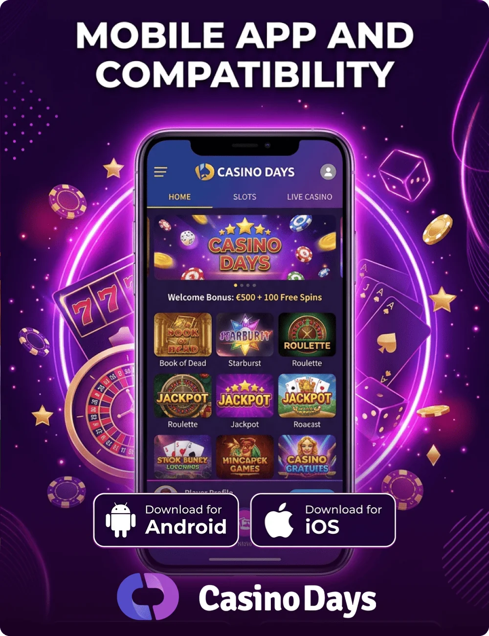 Casino Days India mobile app interface on Android and iOS